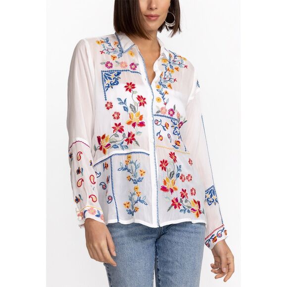 Johnny Was Tops - Johnny Was Zodea Almeria White Embroidered Button Front Top PL